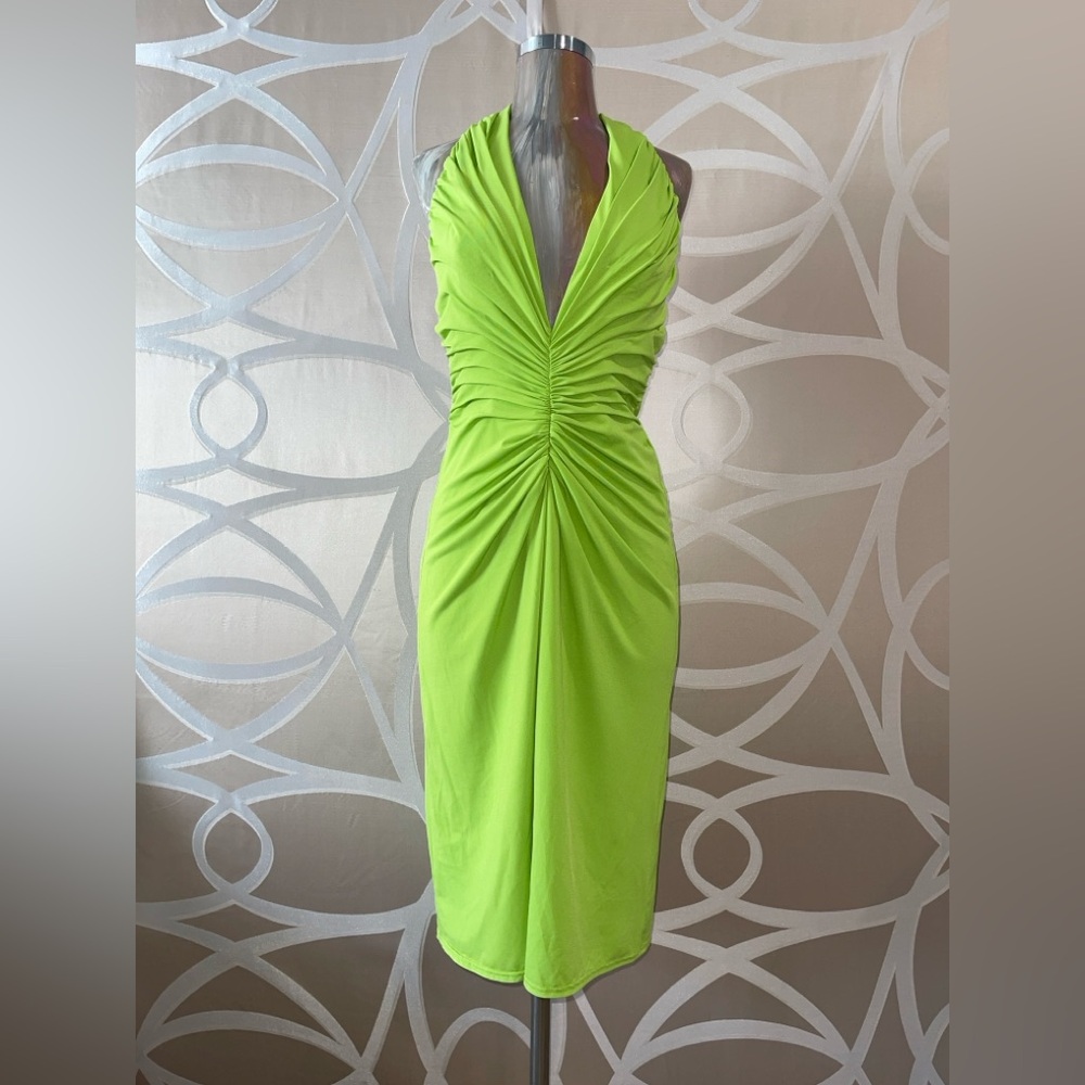 Tadashi Shoji Lime Green Backless Plunging Neckline Dress
